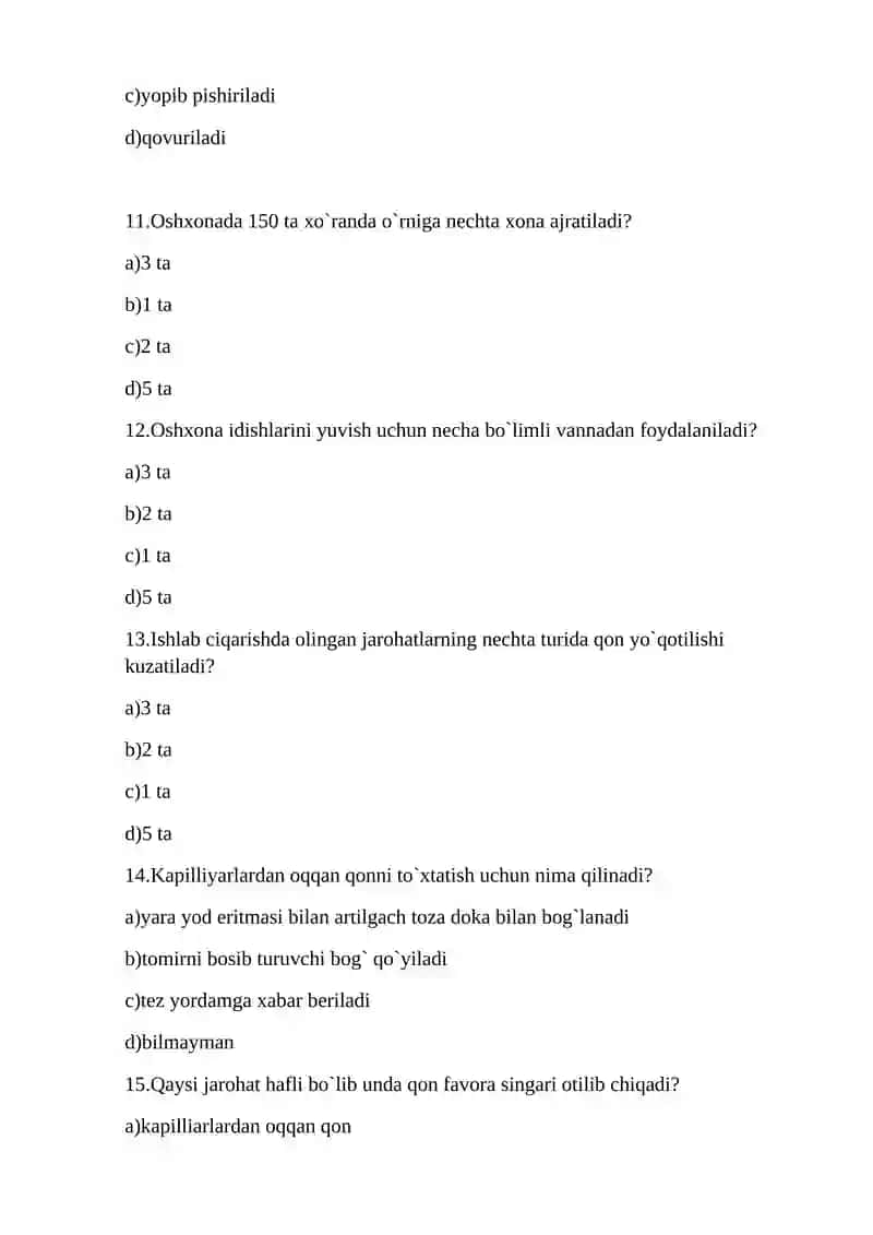 Oshpazlik taomlari tayyorlash o`quv amaliyoti fanidan test savollari 3