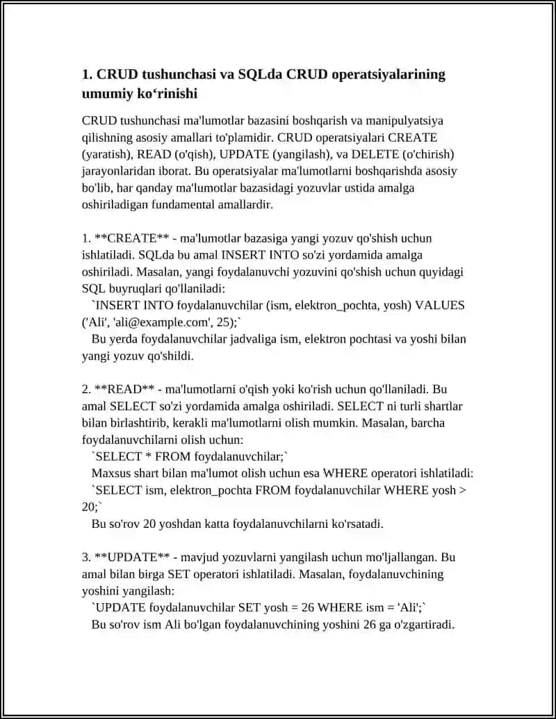 SQL YORDAMIDA MA’LUMOTLARNI BOSHQARISH (CRUD OPERATSIYALARI) 3