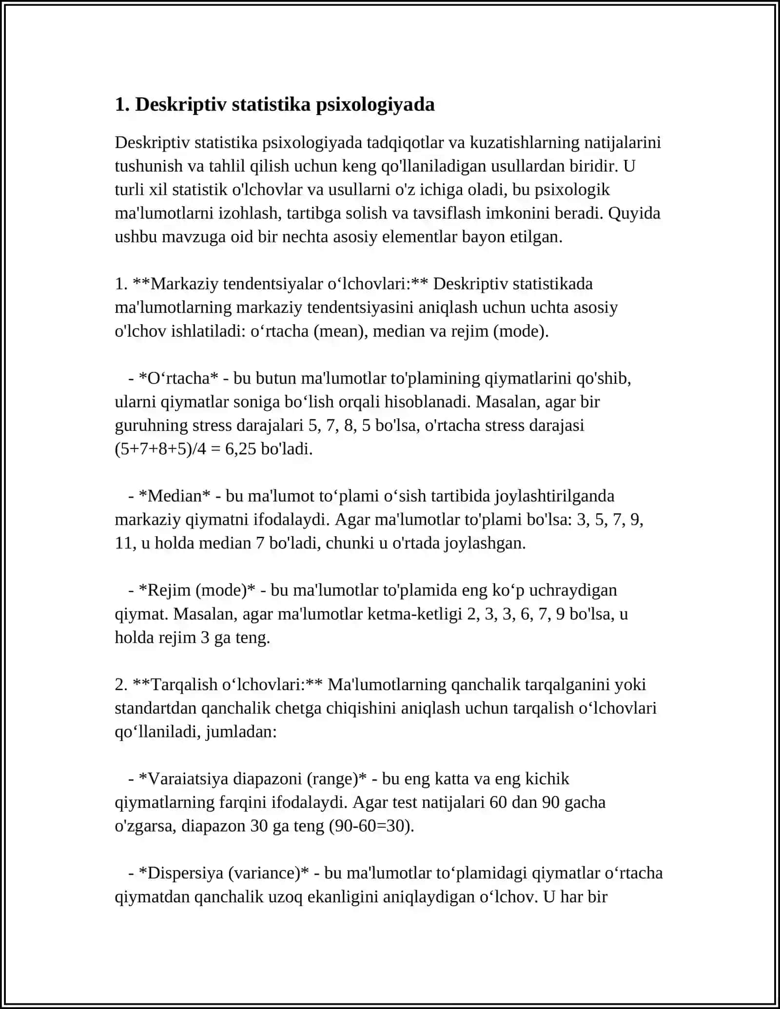 MIRZO ULUG'BEK NOMIDAGI O'ZBEKISTON MILLIY UNIVERSITETI PSIXOLOGIYADA MATEMATIK STATISTIK METODLARNI QO'LLASH 3