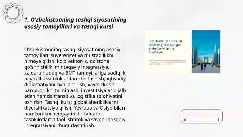 O'zbekiston Respublikasining jahon hamjamiyatda tutgan o'rni va rivojlanish istiqbollari 3