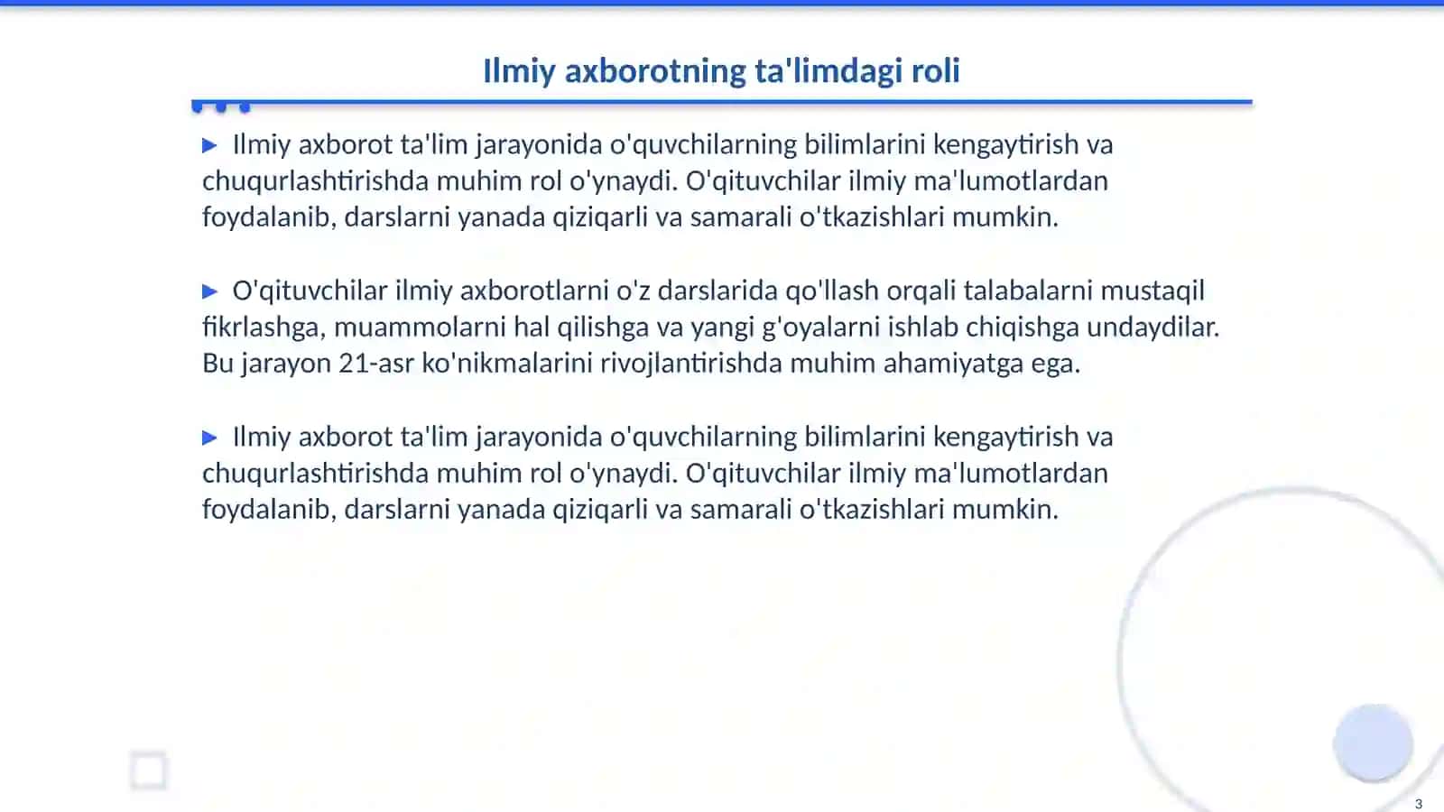 Ilmiy axborotning o'quv jarayonidagi roli 3
