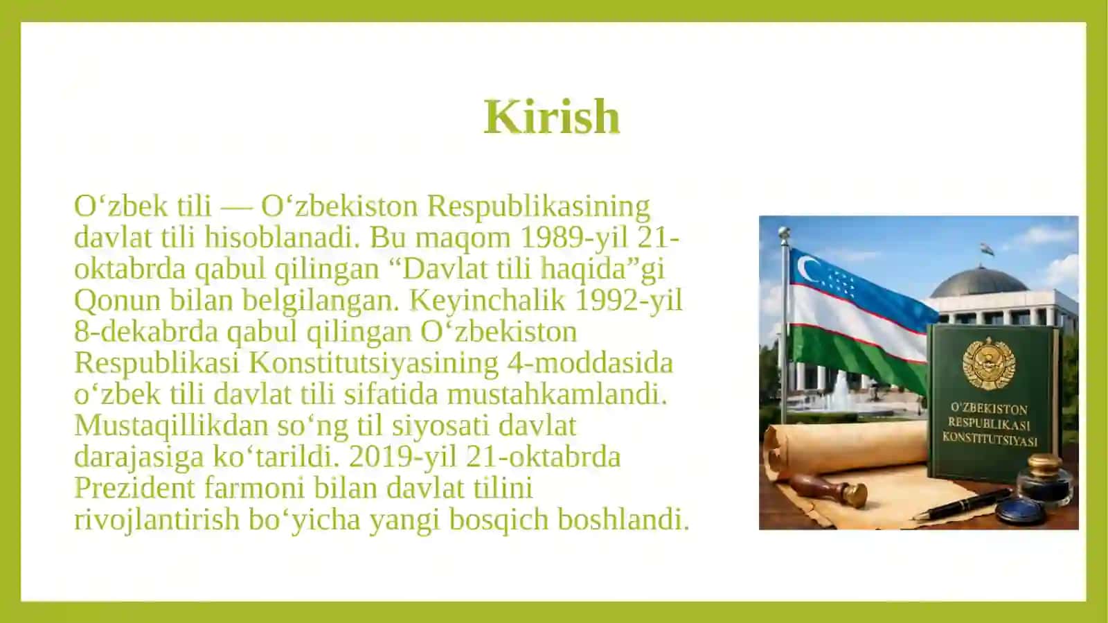 O`zbek tili davlat tili O`zbek tilining nufuzini oshirishga oid huquqiy me’yoriy asoslari 3