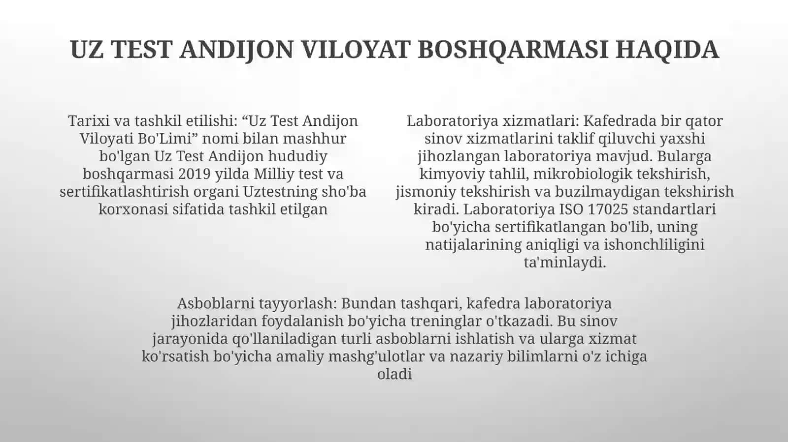 Uz Test Andijon Viloyati BoʻLimi Labaratoriya UskunalariBilanTanishish 3
