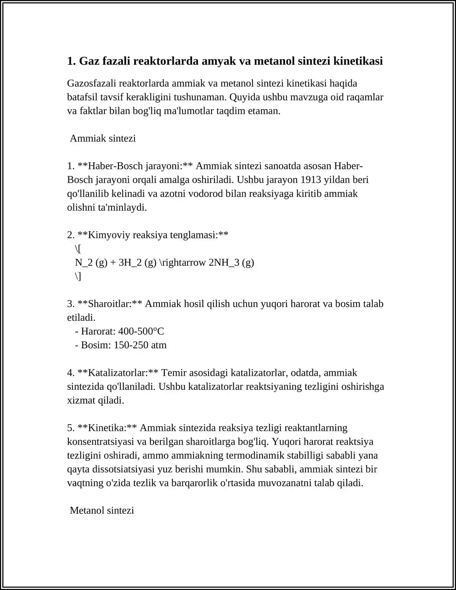 Gaz fazali reaktorlarda amyak va metanol sintezi 3