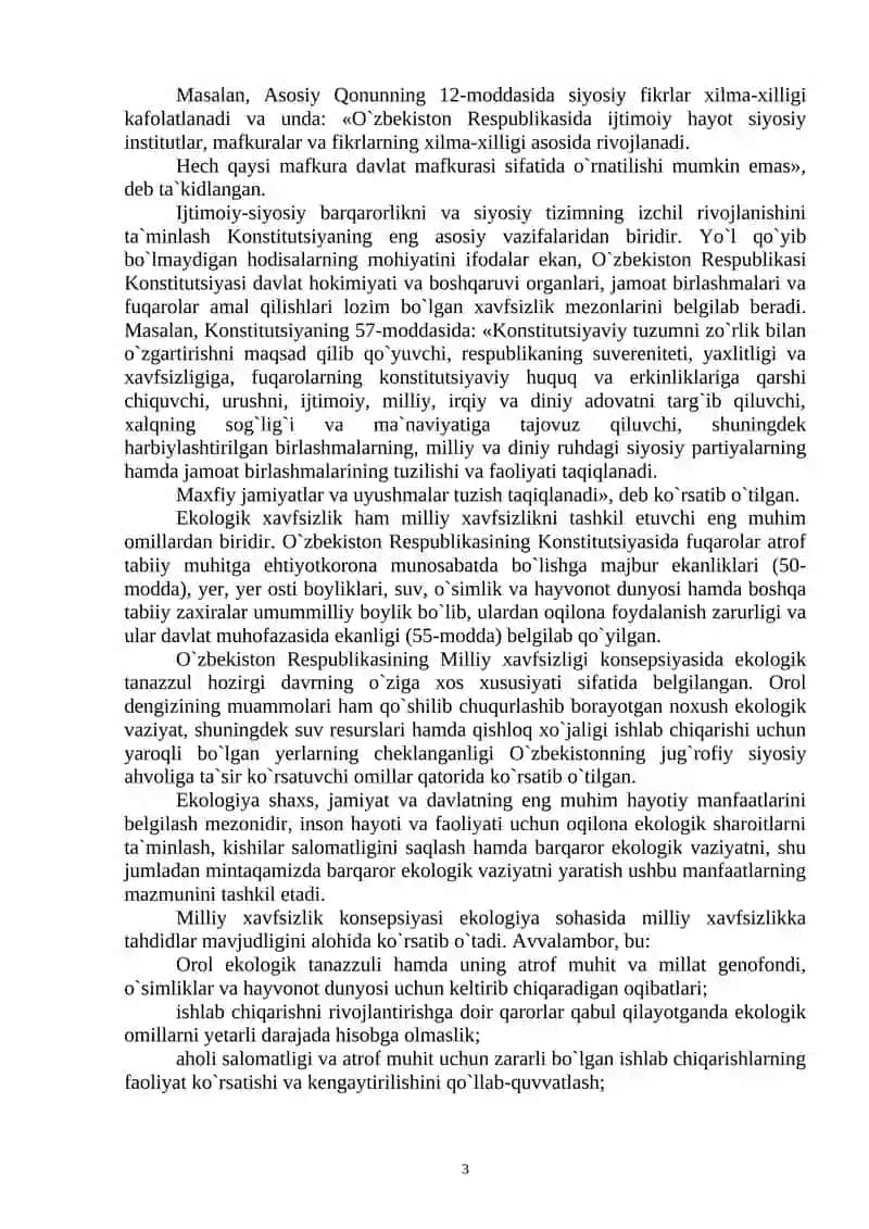O`zbekiston Respublikasi xavfsizligi va mudofaasini ta`minlashning konstitutsiyaviy asoslari 3