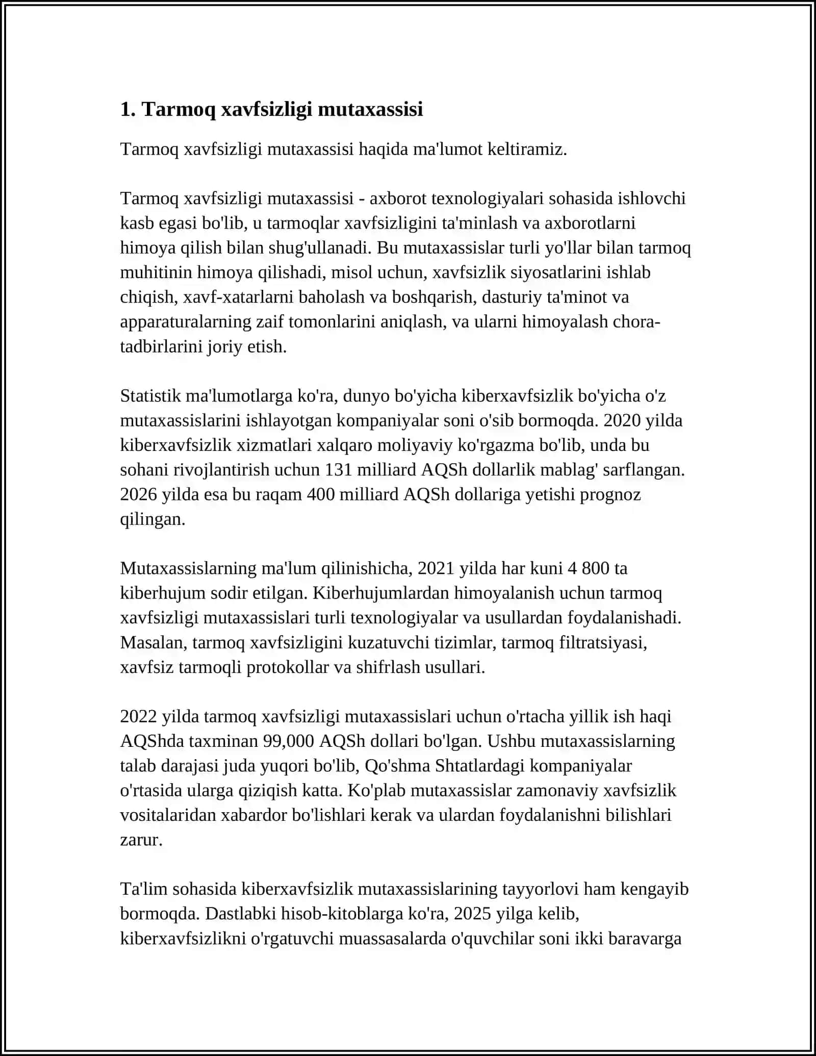 KIBERXAVFSIZLIK SOHASI BOʻYICHA MUTAXASSIS TOIFALARI 3