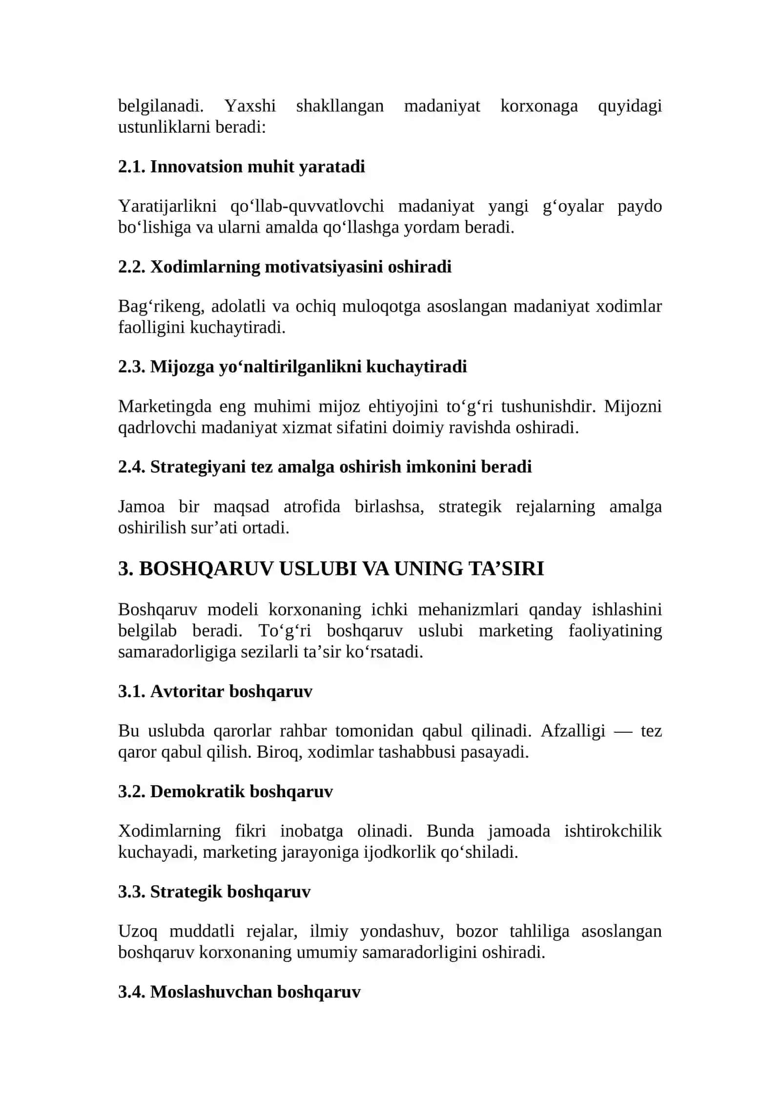 Marketingning ichki muhiti omillari (resurslar, tashkilot madaniyati, boshqaruv uslubi, xodimlar salohiyati) korxonaning strategik ustunliklarini shakllantirishda qanday rol o‘ynaydi va ularni tahlil qilishda qaysi metodlardan samarali foydalanish mumkin? 3