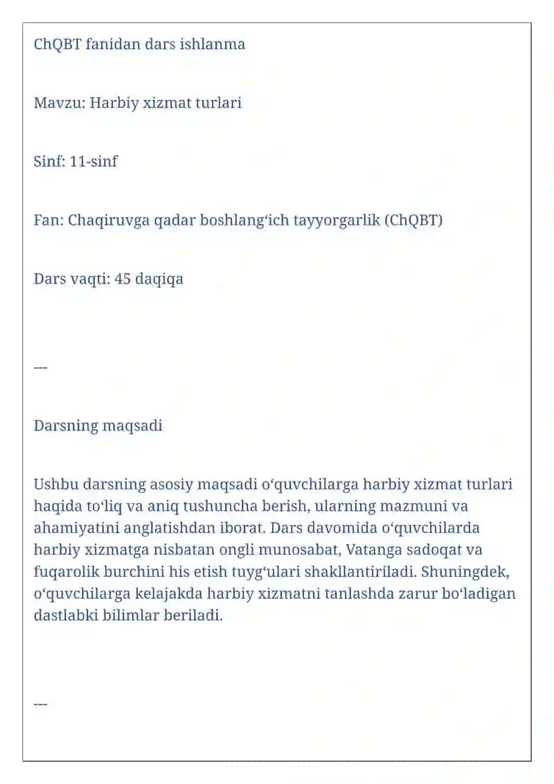 CHQBT fanidan sinov darsining Reja kanspekti 3