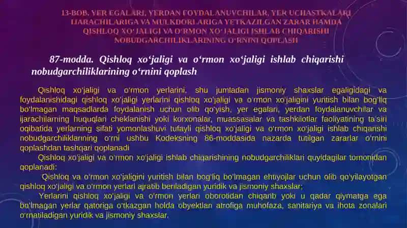 O’zbekiston respublikasi Yer kodeksining 87-90 moddalarini o’rganish 3