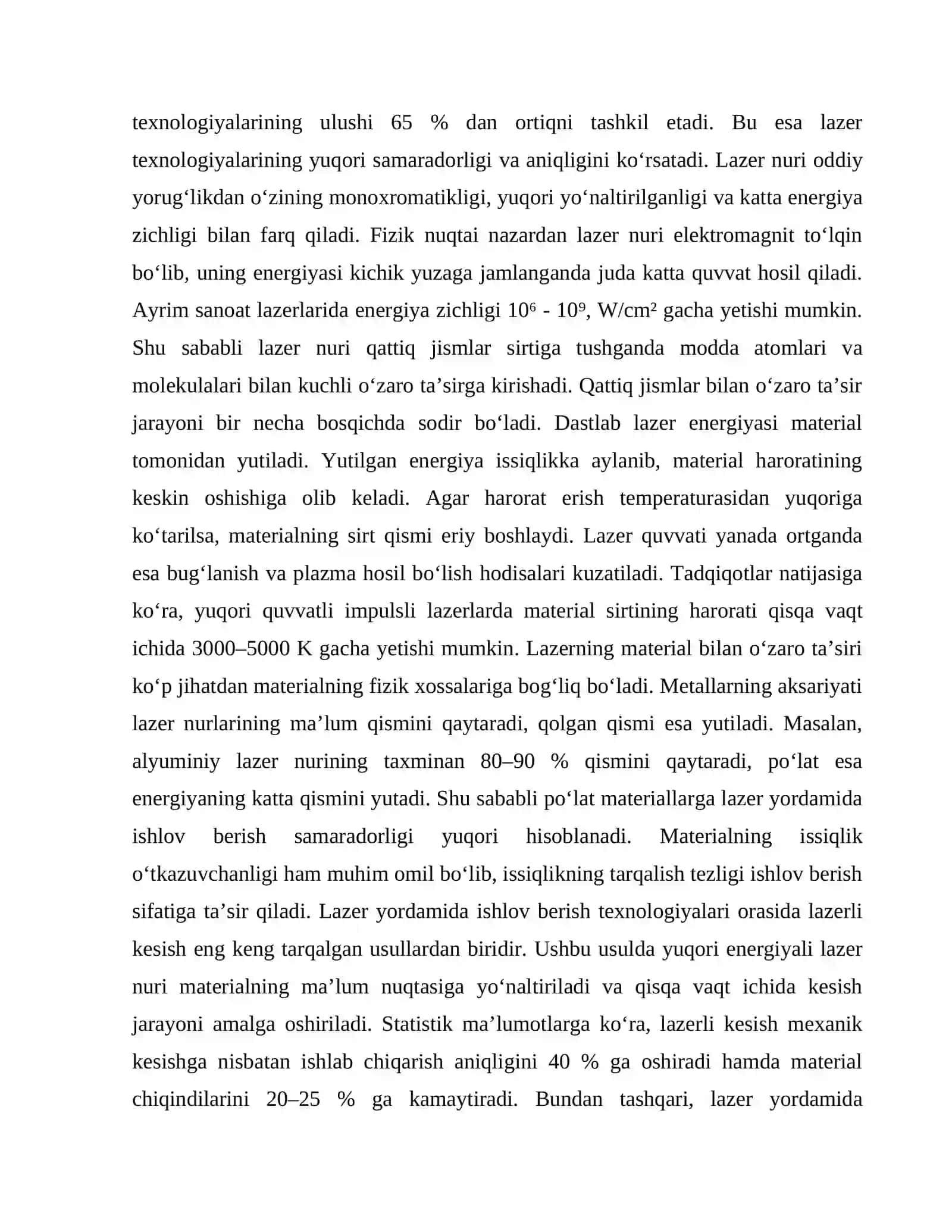 LAZER NURLARINING QATTIQ JISMLAR BILAN OʻZARO TAʼSIRI VA MATERIALLARGA ISHLOV BERISH FIZIKASI 3
