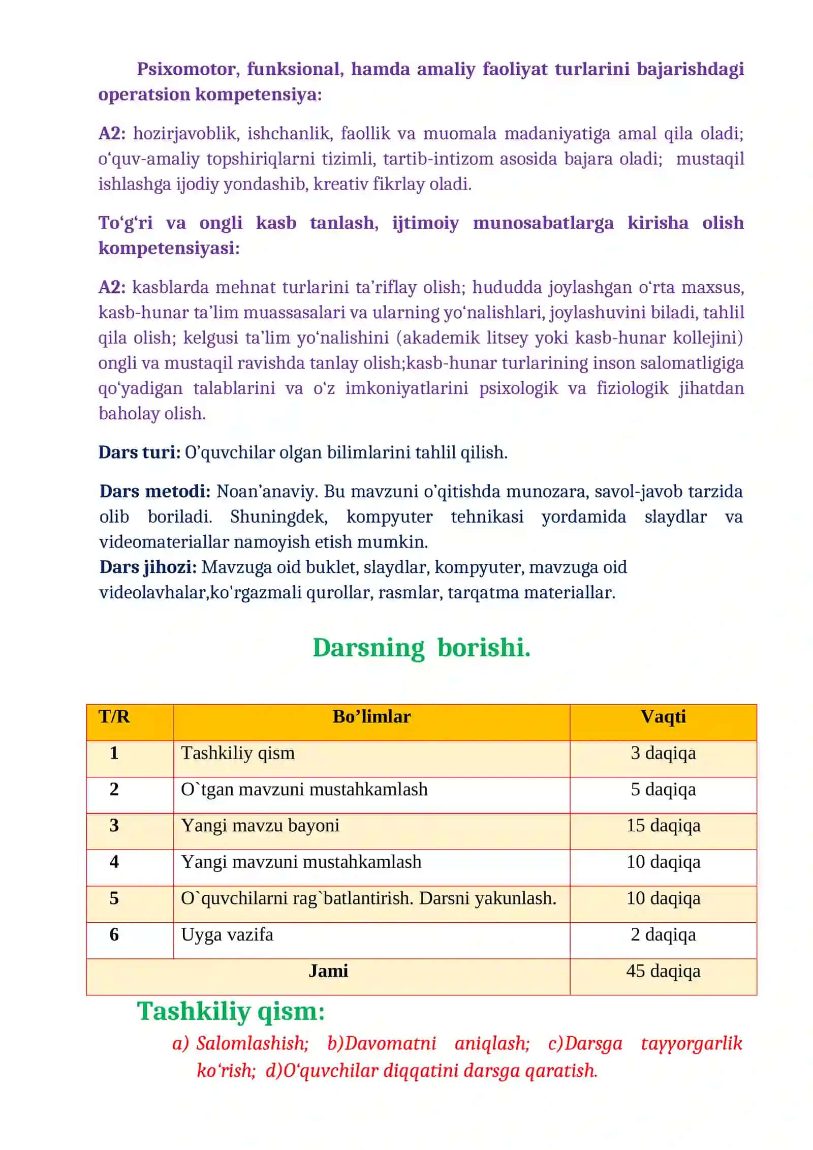 8-sinf Texnologiya fanidan Kasblar tasnifi, kasblarda mehnat turlarining ta'rifi ochiq dars ishlanma 3