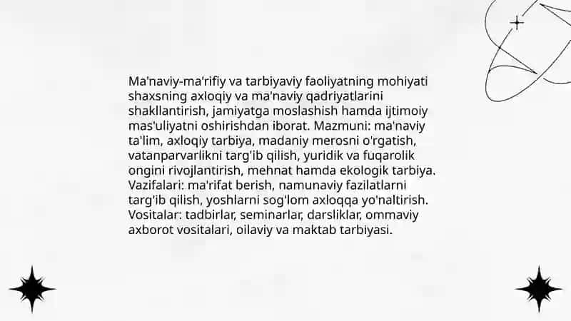 Ma'naviy -ma'rifiy va tarbiyaviy faoliyatning mohiyati va asosiy yoʻnalishlari 3