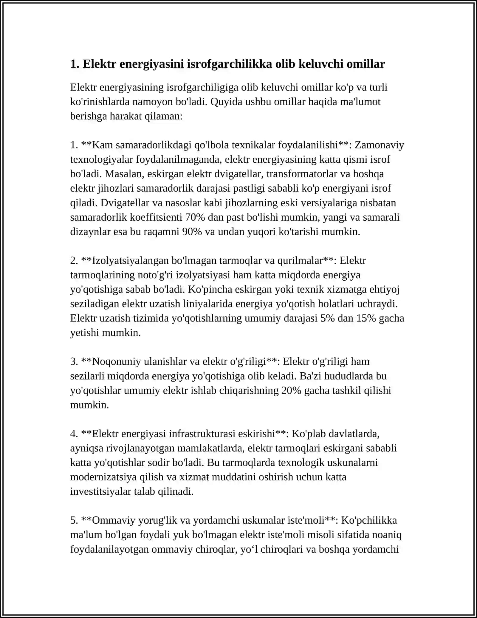 ELEKTR TA'MINOTI TIZIMIDAGI ISROFLAR MAVZUSIDA MUSTAQIL ISH 3