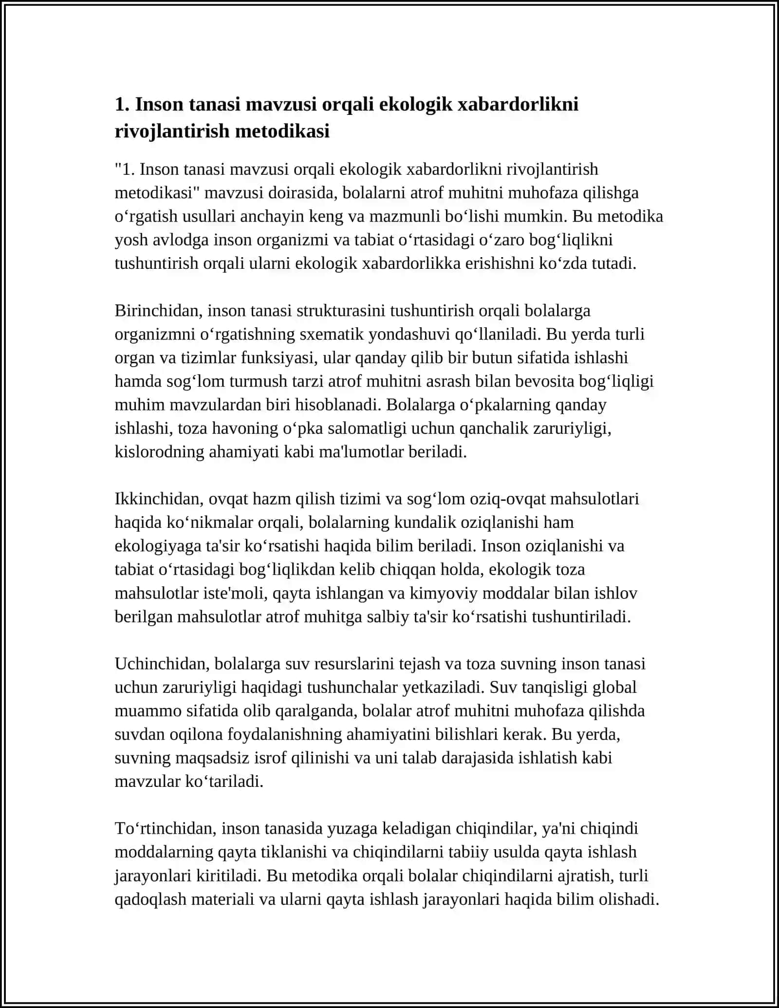 "INSON TANASI" MAVZUSI ASOSIDA BOLALARNI ATROF MUHITNI MUHOFAZA QILISHGA O'RGATISH METODIKASI 3