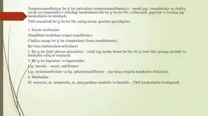 Chakka - pastki jag‘ bo‘g‘imining (ChPJB) tuzilish xususiyatlari. Pastki jag‘ning biodinamikasi. Tish jag‘ tizimi barcha qismlarining o‘zaro munosabati. Chaynashda va uzib olishda pastki jag‘ning chaynov harakatlaridagi bosqichlar. Chaynov mushaklaring absolyut kuchi. Chaynash bosimi. Pastki jag‘ning nisbiy tinch holati. 3