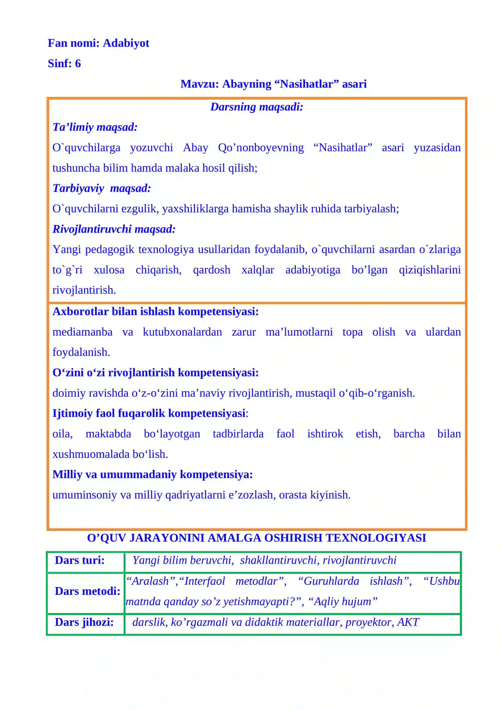 6-sinf Adabiyot Abayning Nasihatlar asari mavzusida ochiq dars ishlanma 3