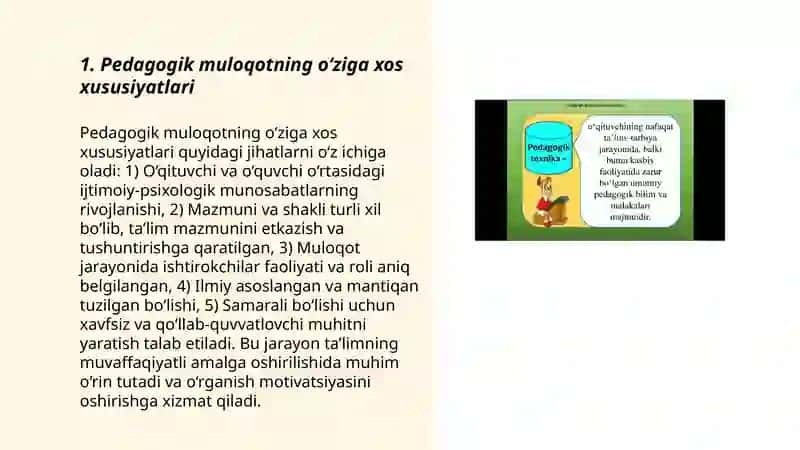 Pedagogik muloqot-o'qituvchining ijodiy faoliyatini va tashabbuskorligini namoyon etuvchi xususiyat 3