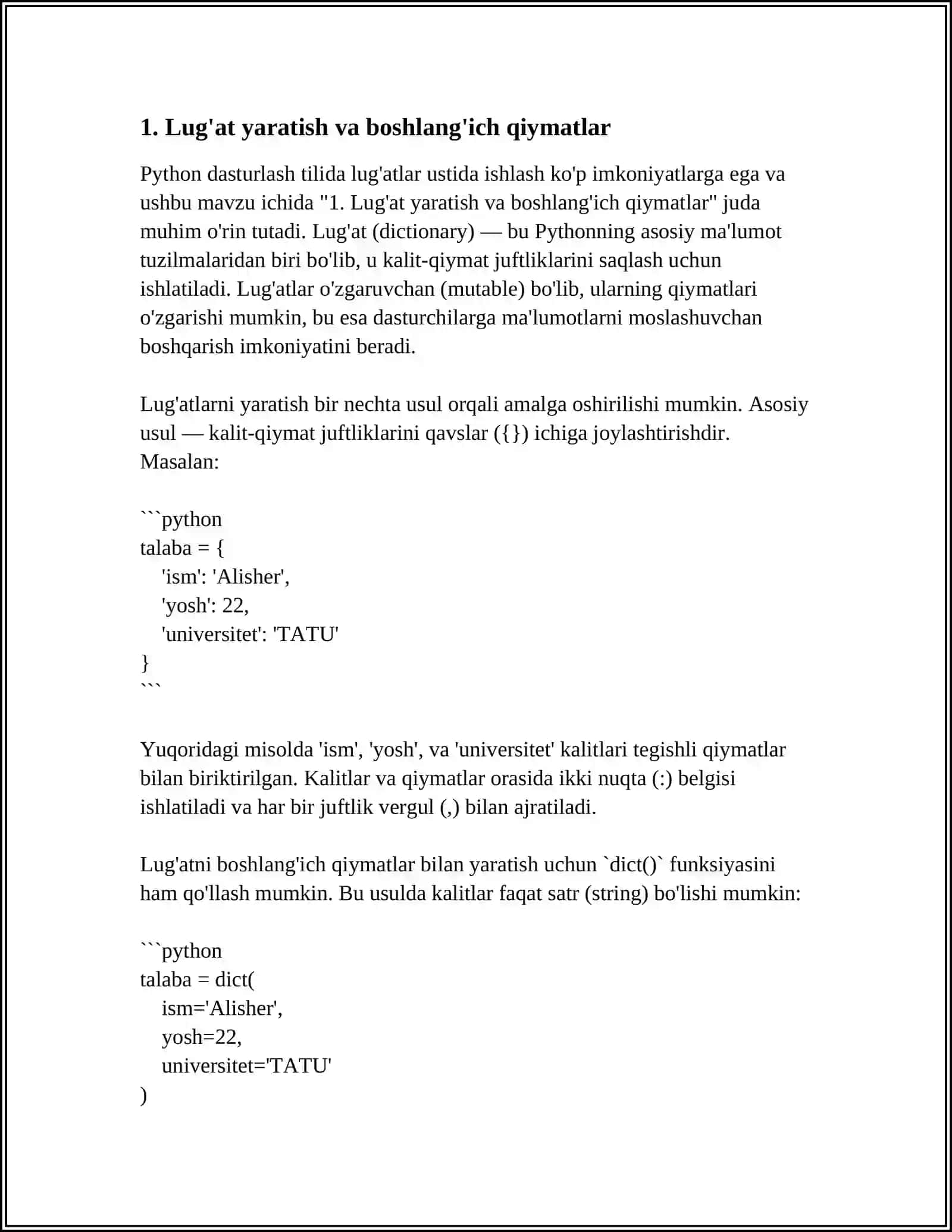 PYTHON DASTURLASH TILIDA LUG'ATLAR USTIDA AMALLAR 3