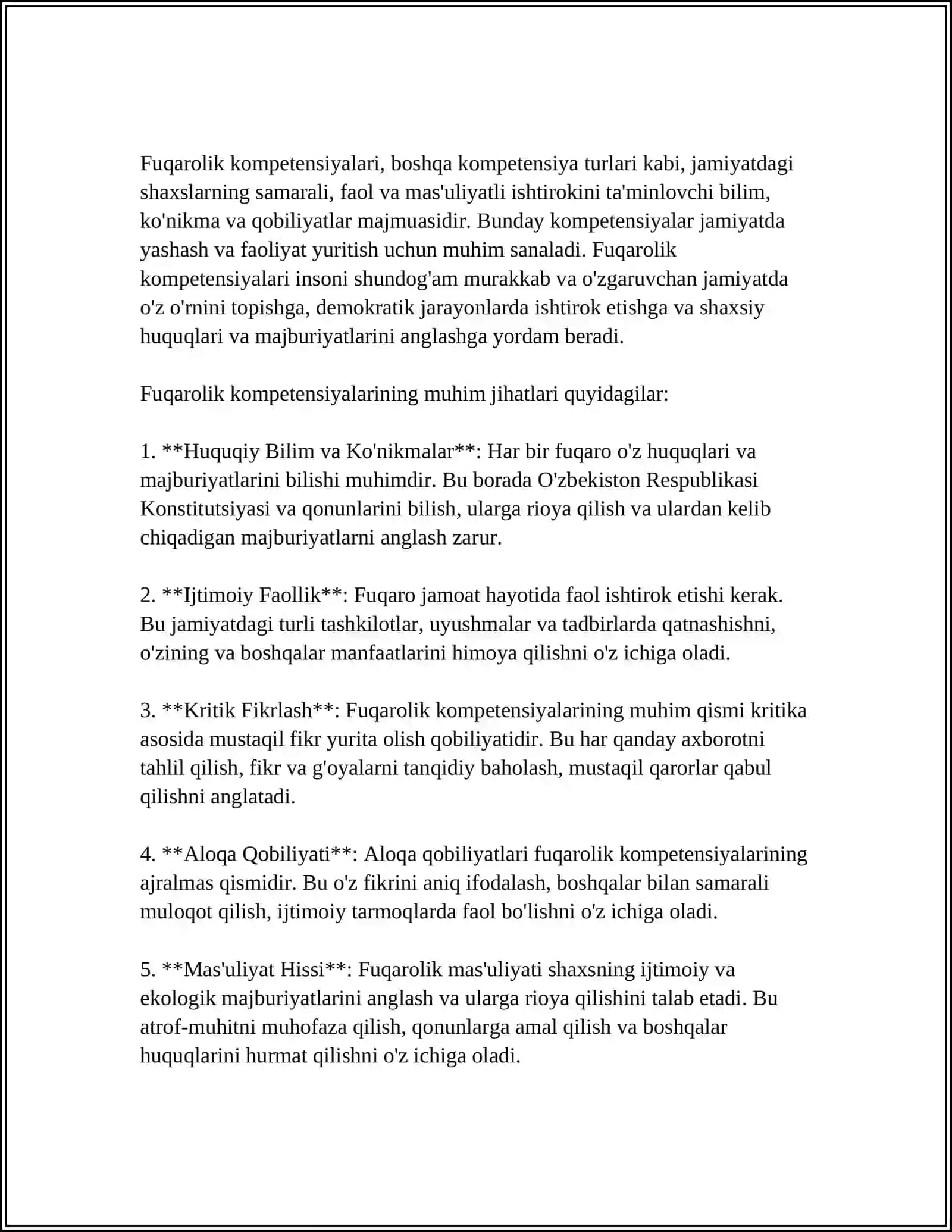 MUSTAQIL ISH Mavzu: TALABALARDA FUQAROLIK KOMPETENSIYALARINI SHAKLLANTIRISH 3