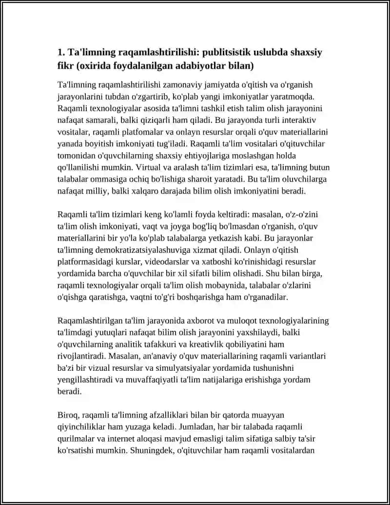 ESSE DOLZARB MAVZUDA SHAXSIY FIKRINI PUBLITSISLIK USLUBDA YOZMA BAYON QILISH 3