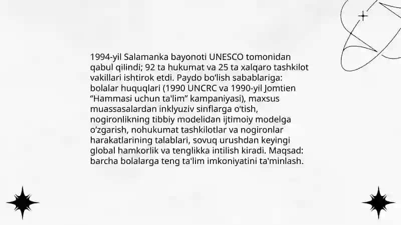 Salamanka bayonotida va ish faoliyati rejasi inkulyuziv talim bo'yicha xalqaro miqyosidagi talim (1994-yil yunesko) 3
