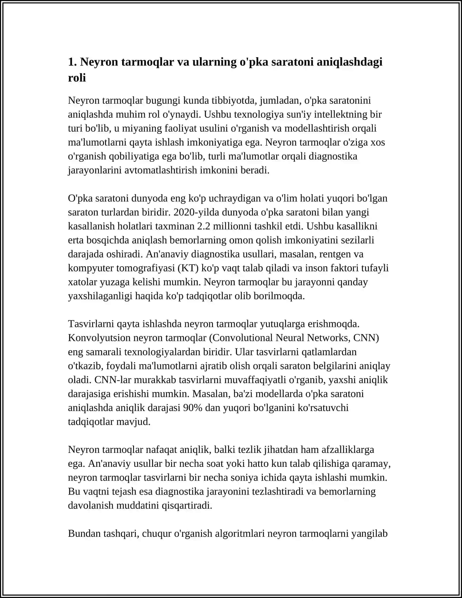NEYRON TARMOQLAR ASOSIDA O'PKA SARATONI KASALLIGINI ANIQLASH DASTURINI ISHLAB CHIQISH 3