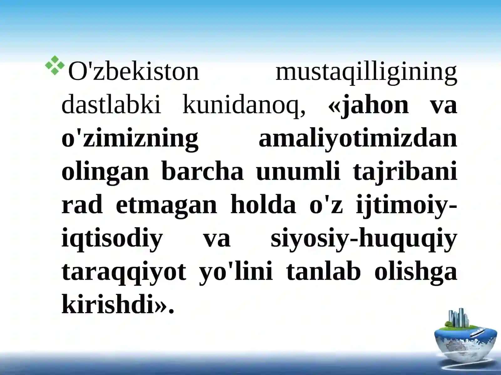 O’ZBEKISTONNING O’ZIGA XOS ISTIQLOL VA TARAQQIYOT YO’LI 3