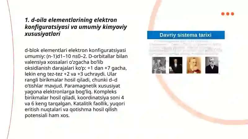Elementlarning davriy sistemasidagi d oila elementlari va ularning ishlatilish sohalari 3