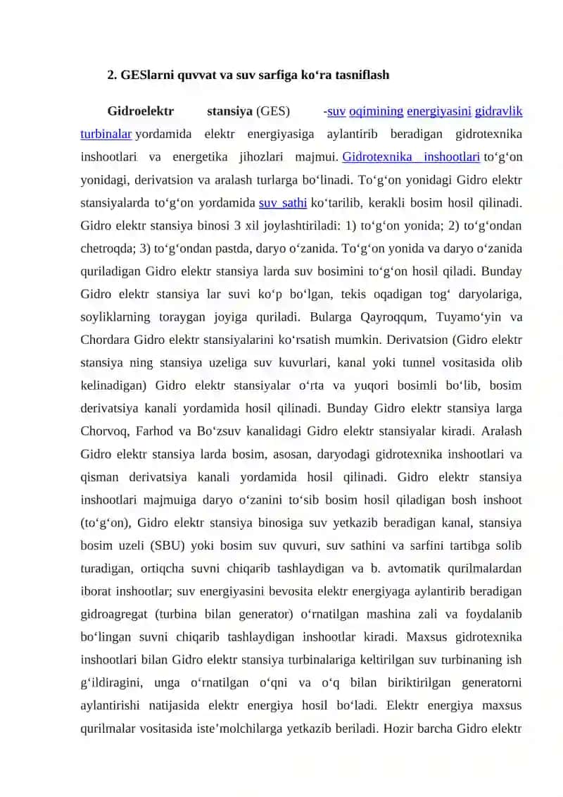 GESlarning quvvati va suv sarfiga ko‘ra tasniflanishi 3