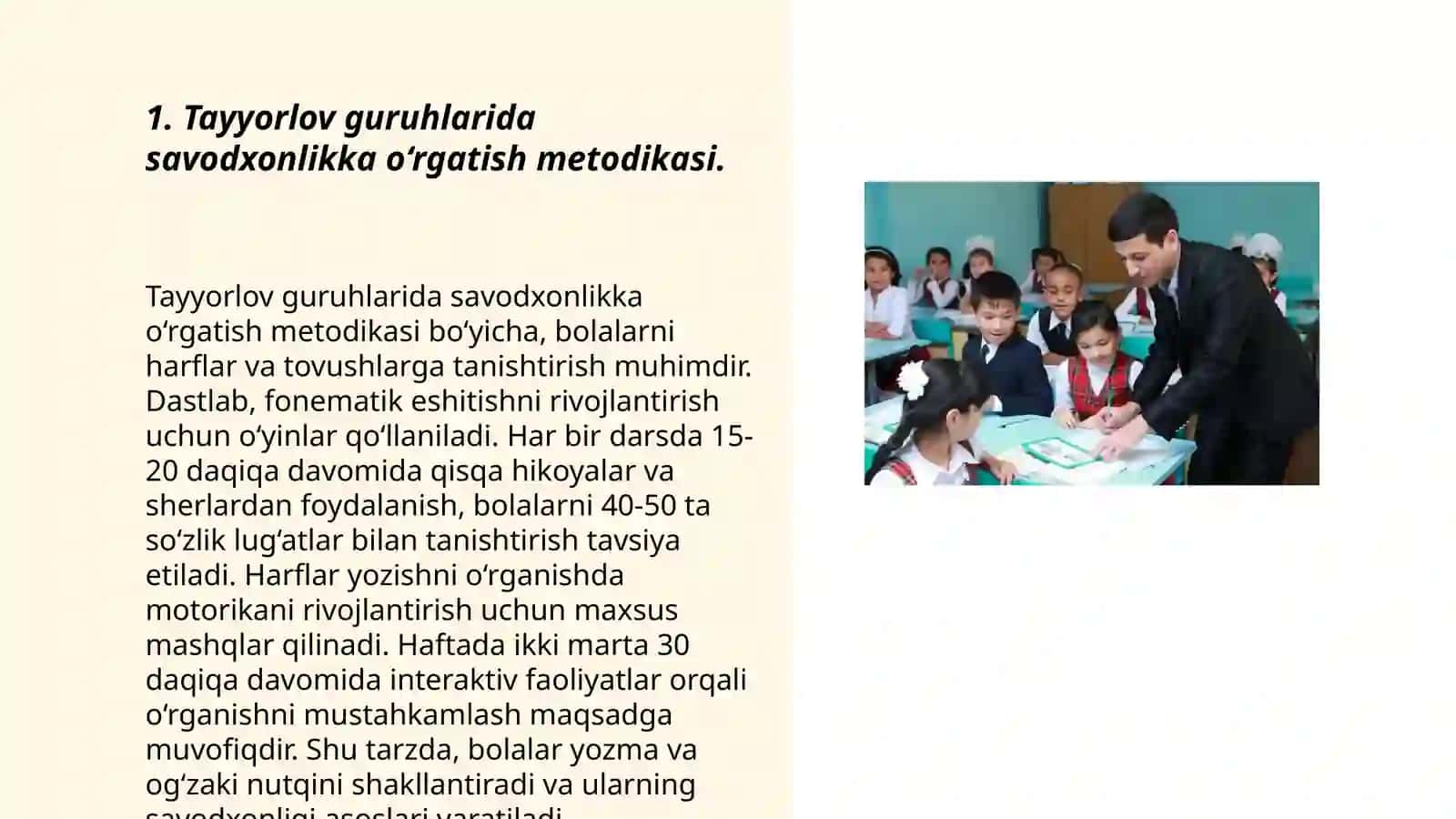 Tayyorlov guruhlarda savodxonlikka oʻrgatish taʼlimiy faoliyati va didaktik materiallar mazmunini takomillashtirish hamda ulardan samarali foydalanishni yoʻlga qoʻyish 3