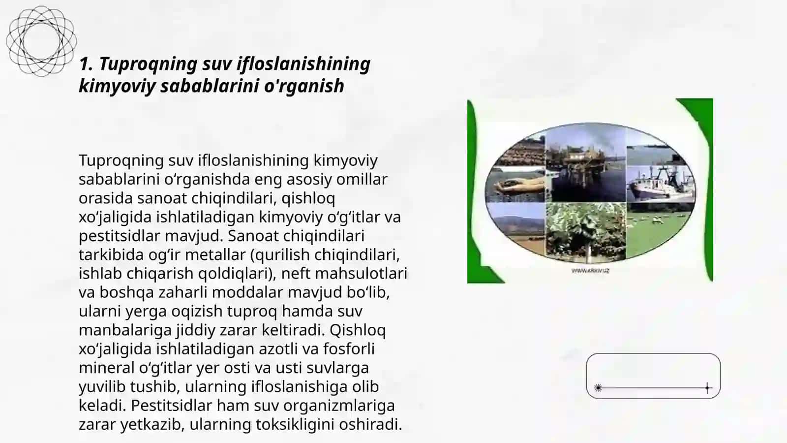Tuproqning suvining ifloslanishi ion bog'lanishi birikmalarini aniqlab ulardan tozalash g'oyalarini ishlab chiqarish 3