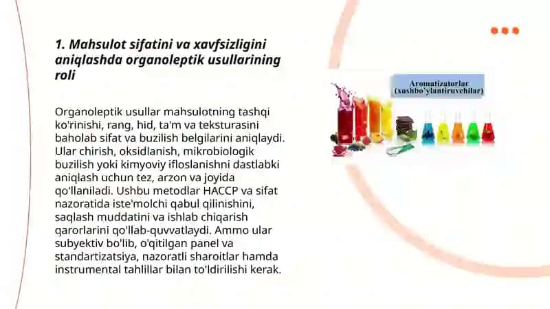 Mahsulot sifatini xavfsizligini aniqlash usullari. Orgonoleptikasi 3