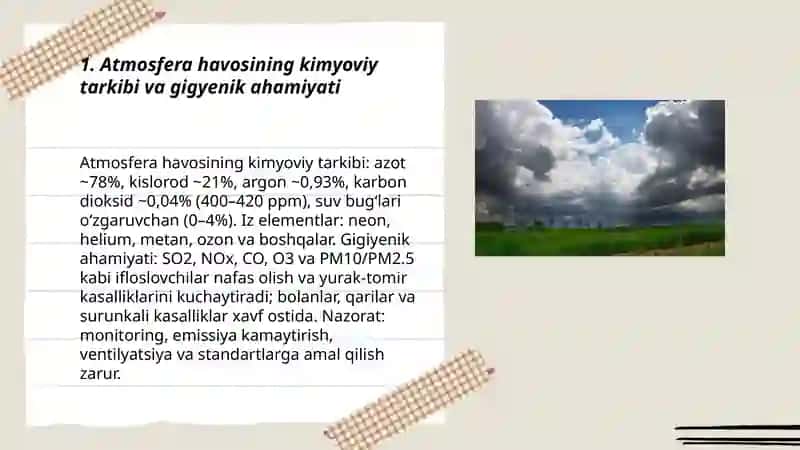 Atmosfera havosining kimyoviy xossalariga gigeyenik tarif 3