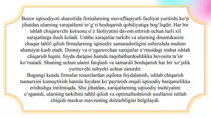 Firmalarning xarajatlari: doimiy va o‘zgaruvchan xarajatlar slayd 3