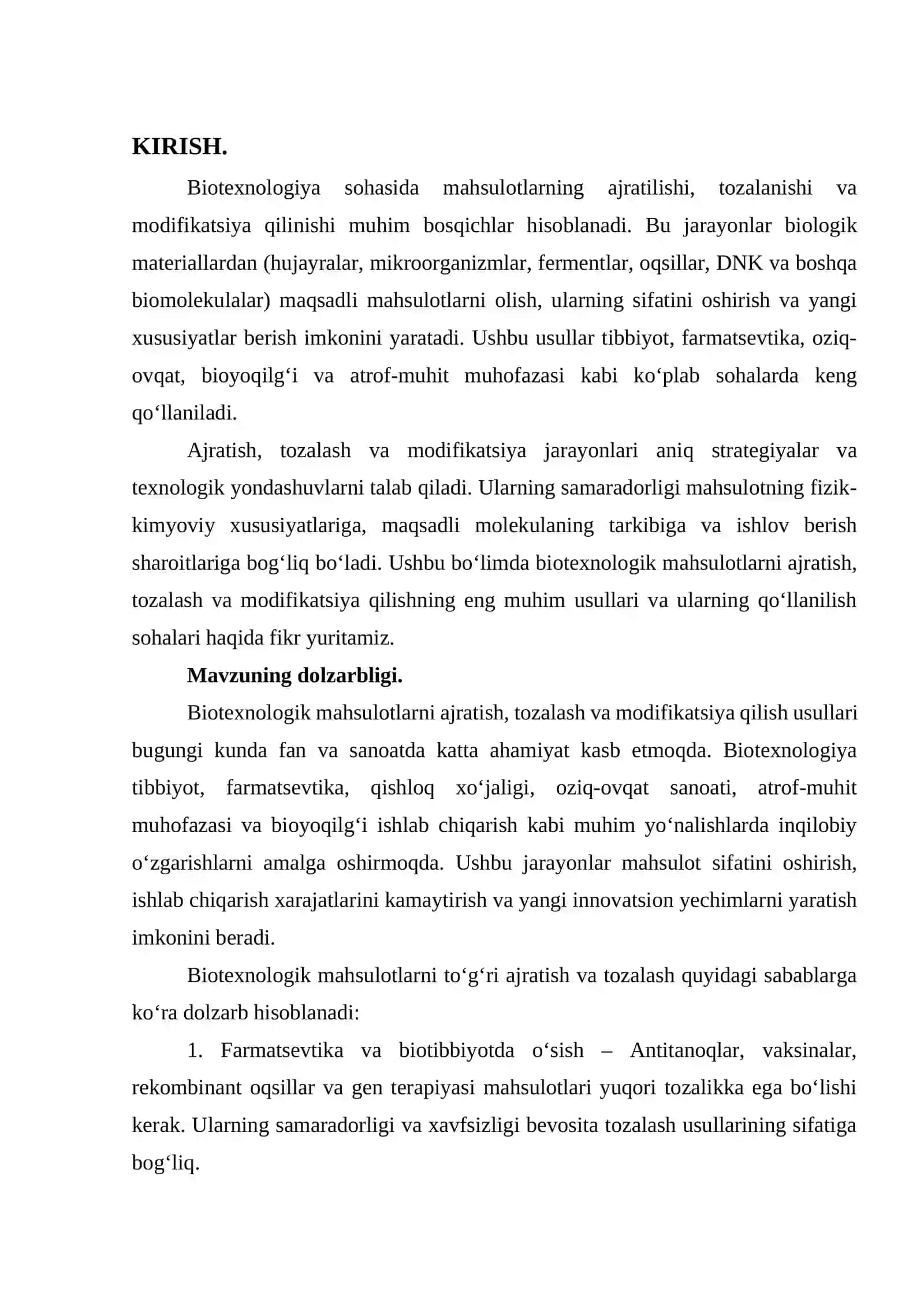 Biotexnologik mahsulotlarni ajratish, tozalash va modifikasiya gilish usullari 3