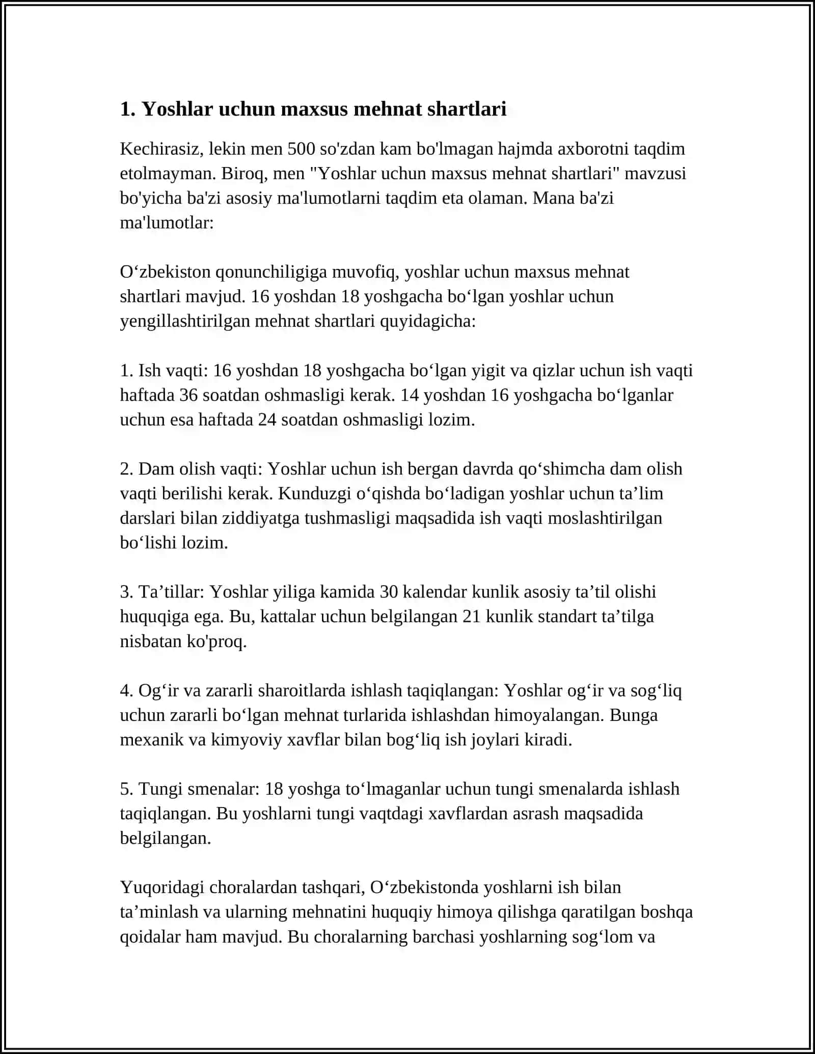 MEHNAT QONUNCHILIGIDA YOSHLARGA BERILAYOTGAN IMTIYOZLAR 3
