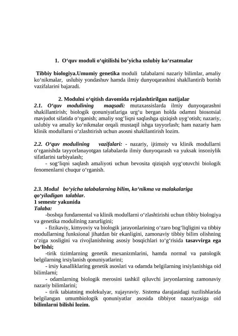 Tibbiy Biologiya Umumiy Genetika Modulining Ishchi O'quv Modul Dasturi 3