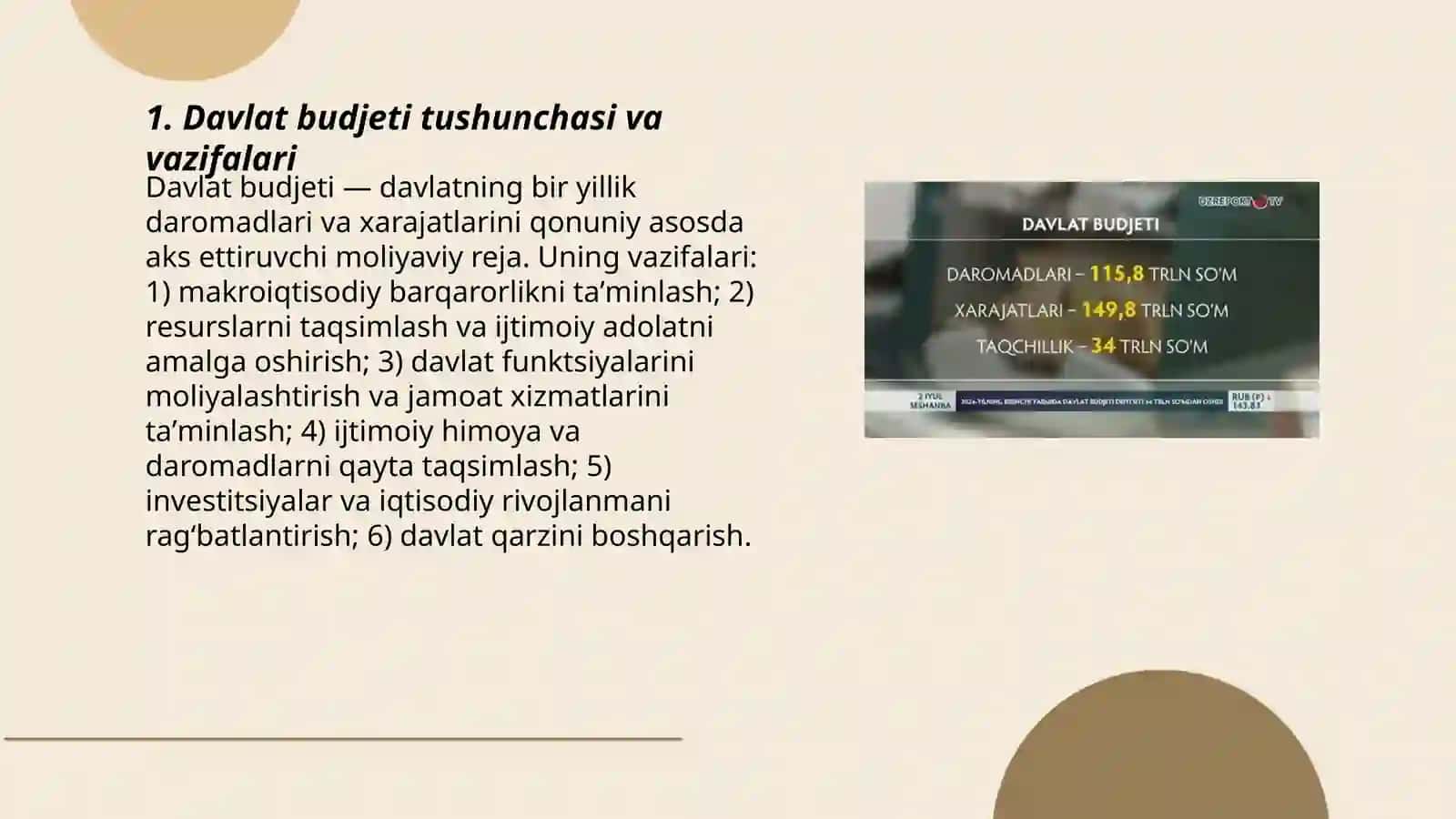 Davlat budjeti tuzilishi, daromadi va xarajatlari. O'zbekiston budjeti tarkibi jadvali 3