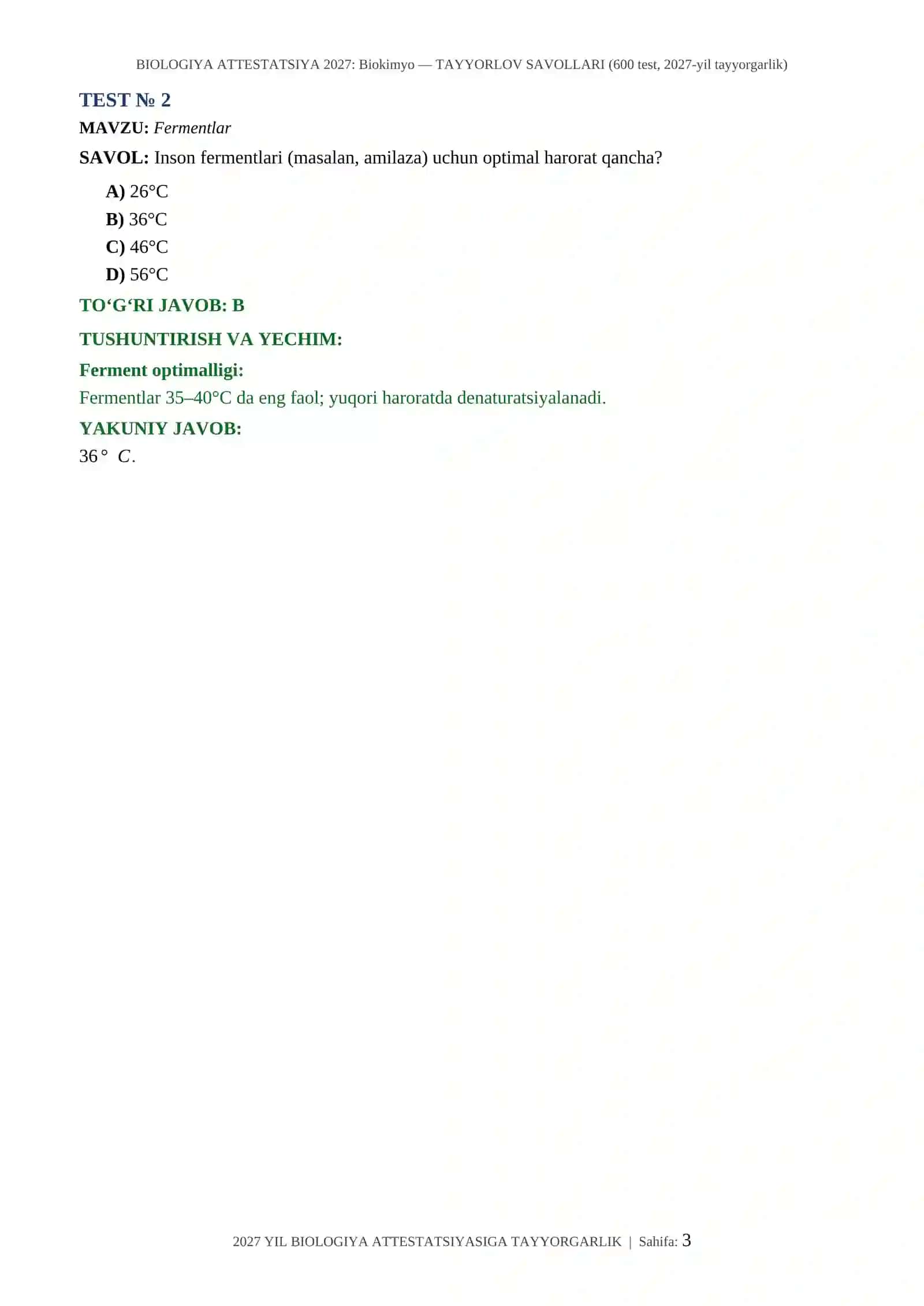 BIOLOGIYA ATTESTATSIYA 2027: Biokimyo — TAYYORLOV SAVOLLARI (600 test, 2027-yil tayyorgarlik) 3