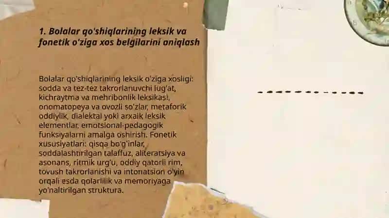 Bolalar folklori materiallari asosida mazkur folklor namunalarining o'ziga xos belgilarini aniqlash 3