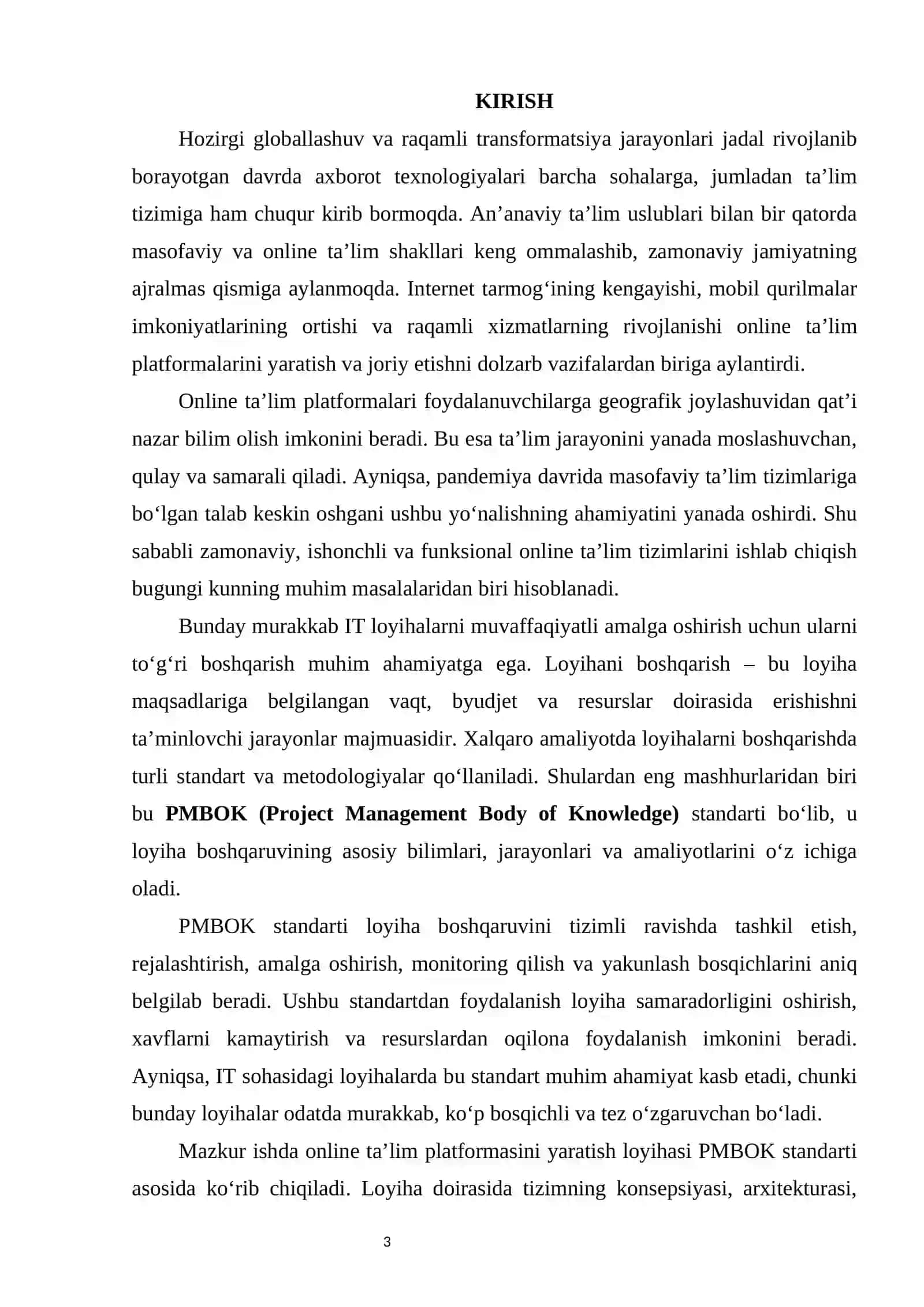 “Online ta’lim platformasini yaratish loyihasini boshqarish konsepsiyasi (PMBOK asosida)” 3