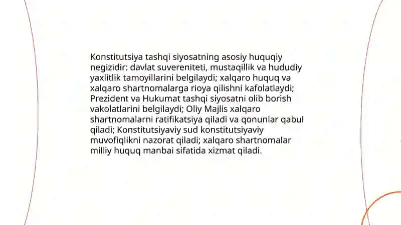 Oʻzbekiston Respublikasining erkin tashqi siyosatyuritilishining huquqiy asoslari va asosiy tamoyillari 3