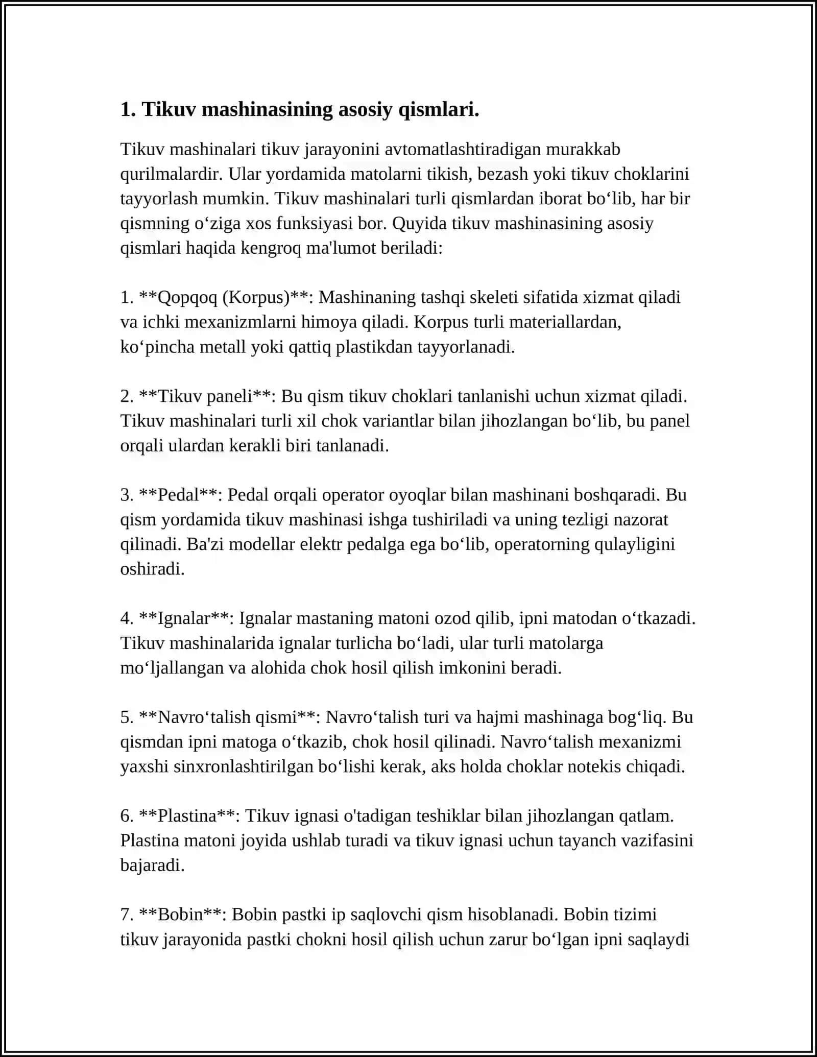 TEXNOLOGIYA FANIDA TIKUV MASHINALARINING TUZILISHI VA VAZIFALARI HAQIDA UMUMIY MA'LUMOT BERISH 3