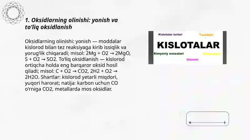 Oksedlar, asoslar,keslotalar olinishi xossalari, ishlatilishi. Modda miqdori 3
