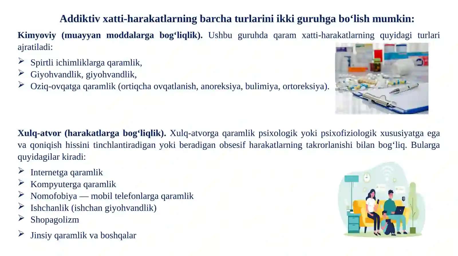 VOYAGA YETMAGANLARDA ADDIKTIV XULQ-ATVOR TURLARI,SABABLARI VA UNING PROFILAKTIKASIKORREKSION DASTURI 3