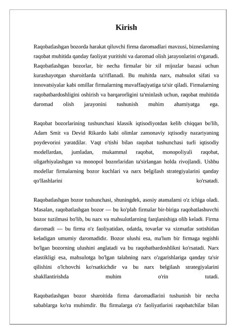 Raqobatlashgan bozorda harakat qiluvchi firma daromadlari mavzusi 3