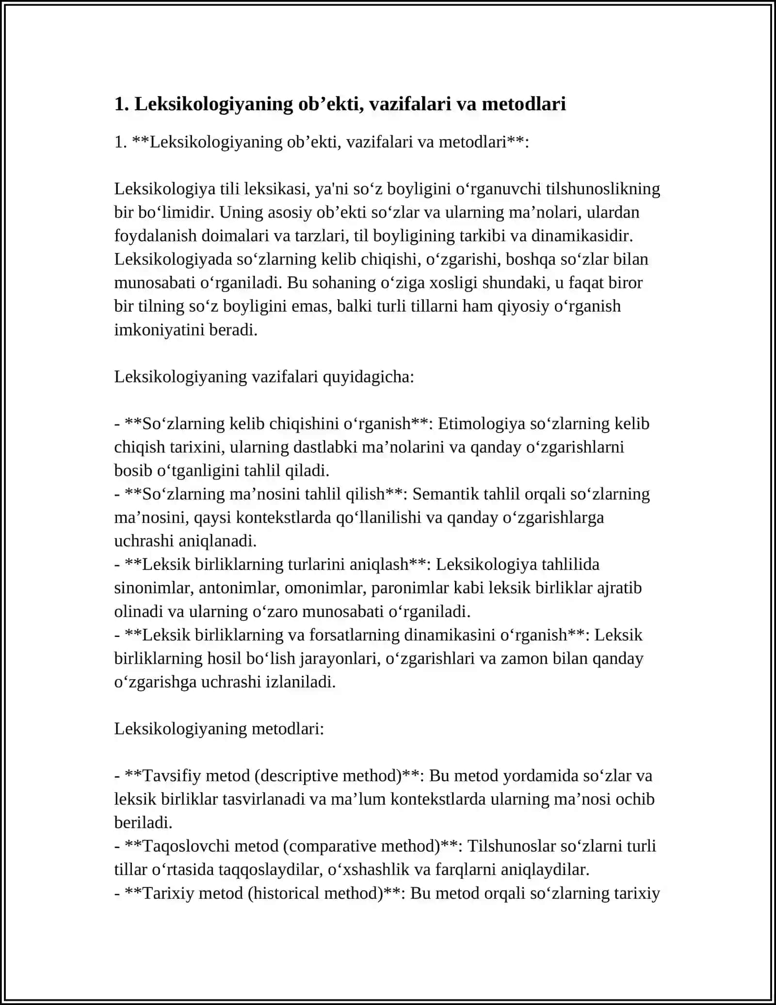 LEKSIKOLOGIYA, UNING OB’YEKTI, TURLARI, VAZIFALARI. ONA TILI LUG‘AT TARKIBINING MA’NO JIHATDAN TAVSIFLANISHI 3