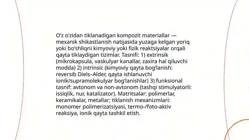 Oʻz oʻzidan tiklanadigan kompozit materiallar-imkoniyatlar va xususiyatlari 3