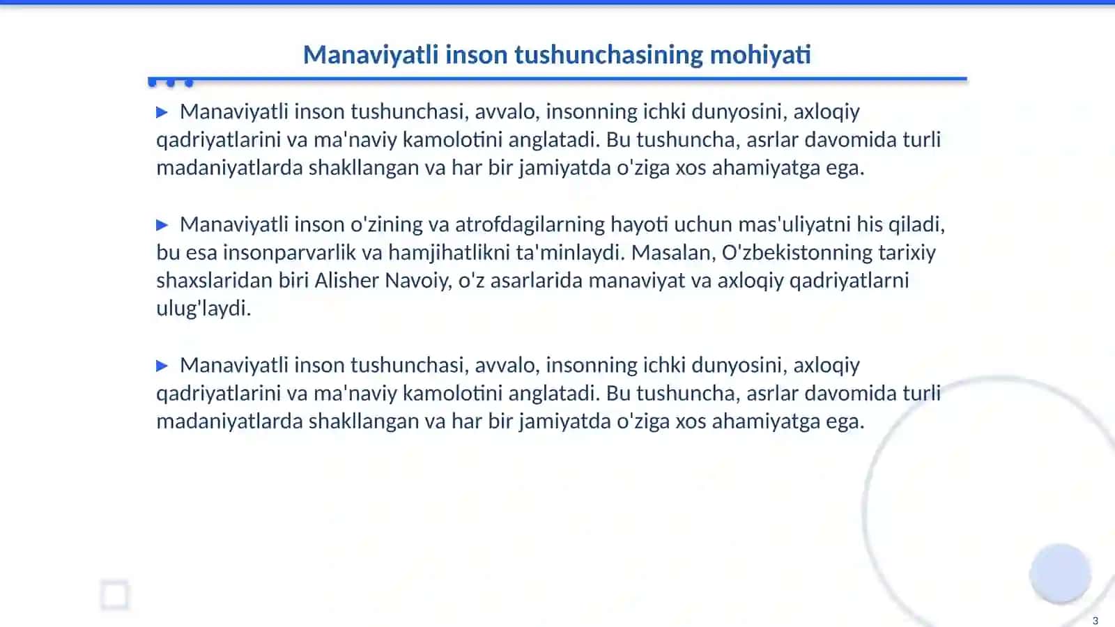 Manaviyatli inson tushunchasi. Insonparvarlikning ulug daholari umr mazmuni to'g'risida Hikmatlar sandig‘i yasash 3