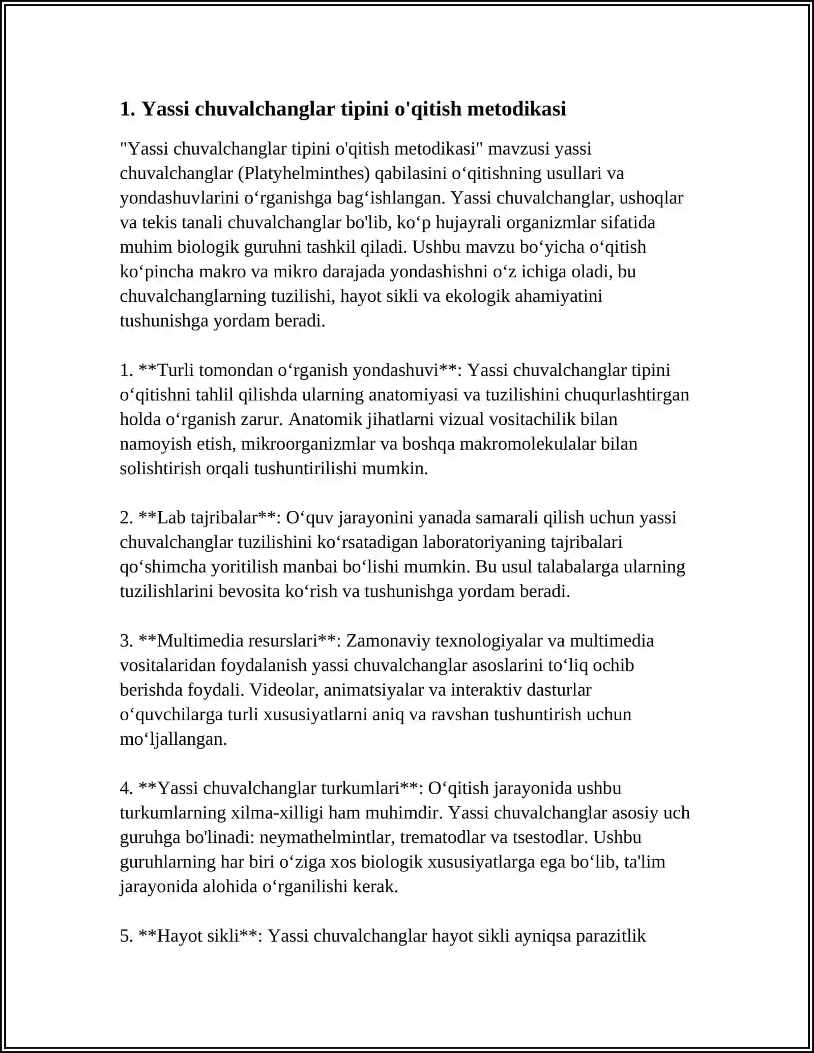 TABIATSHUNOSLIK FANIDA ZOOLOGIYA OQITISH METODIKASI XUSUSIY MASALALARI: JUMLADAN, YASSI, YUMALOQ, HALQALI CHUVALCHANGLAR TIPINI ORGANISH METODIKASI 3